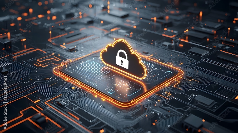 Poster Futuristic Cloud Security Concept with Glowing Neon Padlock and Intricate Circuit Patterns A digital depicting a secure cloud based system with a luminous padlock icon at the center