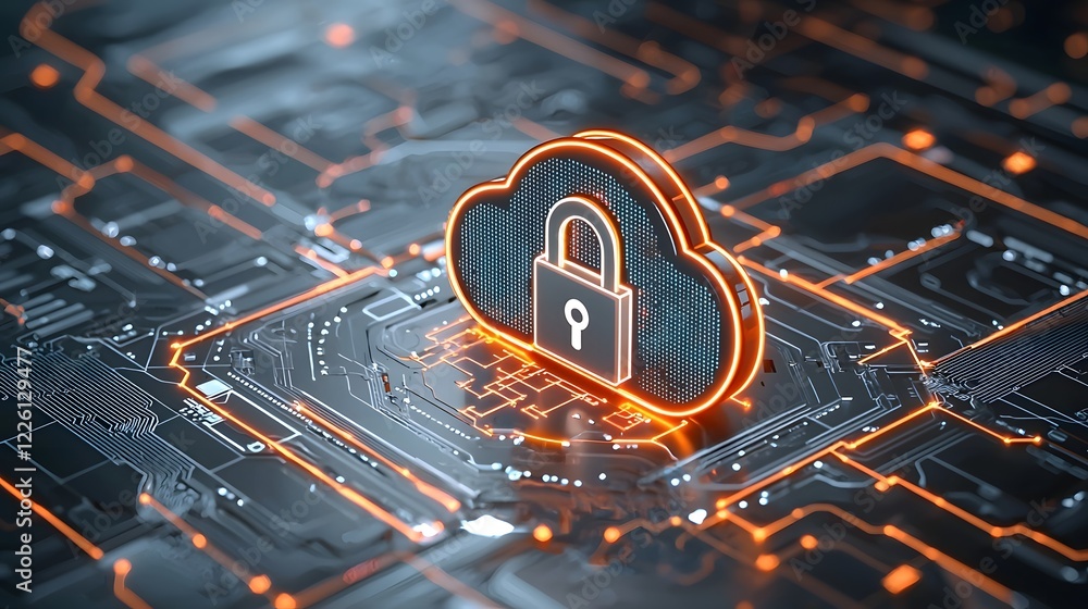 Poster Futuristic cloud security concept featuring a glowing neon padlock centered in a digital landscape of intricate circuit board patterns bright orange and blue lights and flowing data streams