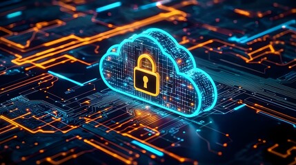 Glowing Futuristic Cloud Security Concept with Padlock Icon and Vivid Circuit Board Patterns A high tech digital image depicting a secure cloud icon with a glowing padlock