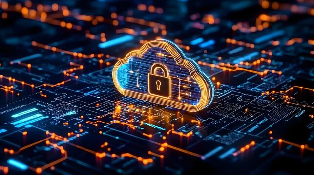 A modern representation of cybersecurity with a luminous cloud icon and a padlock in the middle highlighted by vibrant orange and blue lights intricate circuits and digital data effects all on a dark