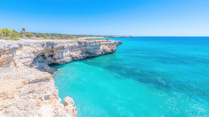 Fototapeta premium Turquoise ocean meets white cliffs, Mediterranean coast, sunny day, travel postcard
