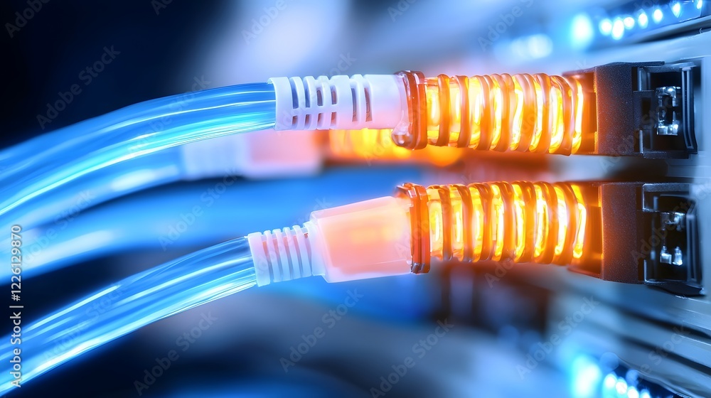 Fototapete High tech visualization of a digital network connectivity system featuring glowing cables illuminated server racks and futuristic light trails