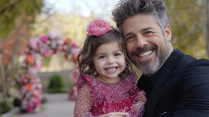 Happy father and daughter portrait, autumn park, floral arch background, family love