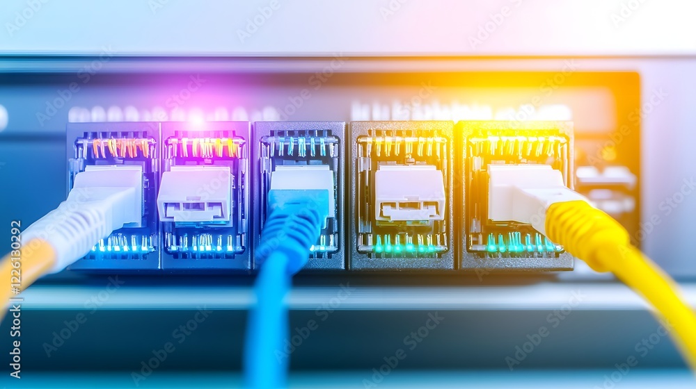 Aufkleber Close Up View of a Futuristic Network Switch with Neon Blue and Orange Lights Symbolizing the Efficiency and High Speed Connectivity of a Modern Data Center