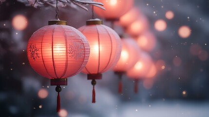 Illuminated red lanterns hanging on snowy branches, winter festival celebration, bokeh background; ideal for holiday cards
