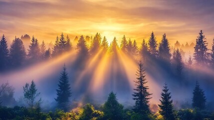 Serene sunrise over a misty forest, with sunlight streaming through tall trees and vibrant foliage