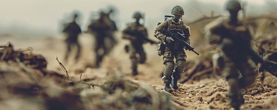 Toy soldiers in camouflage marching across a miniature battlefield