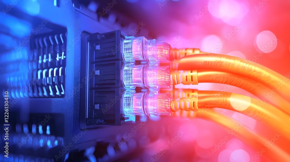 Poster futuristic close up of a network switch with vibrant blue and orange glowing ethernet cables