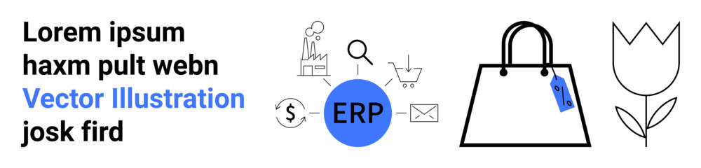 Shopping bag with tag, ERP label, business icons thumbs up chart, search, shopping cart, money. Ideal for e-commerce, enterprise solutions, retail software finance marketing flat landing page