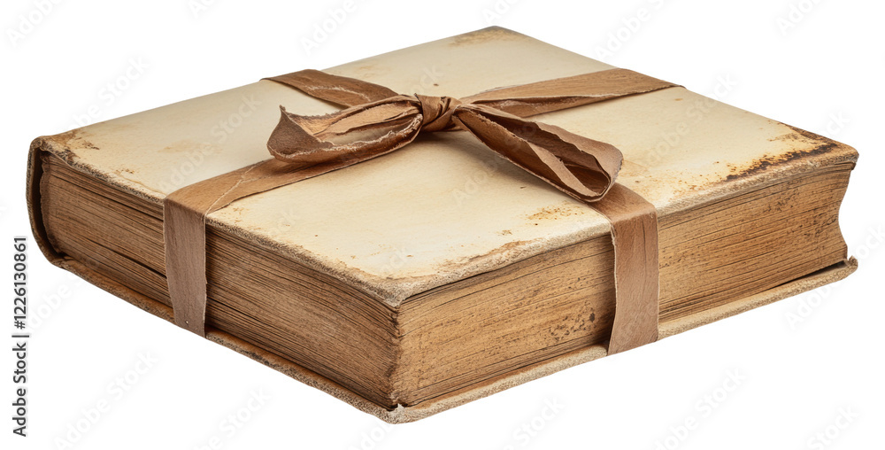 Wall mural old bound book wrapped with a ribbon on display isolated on transparent background
