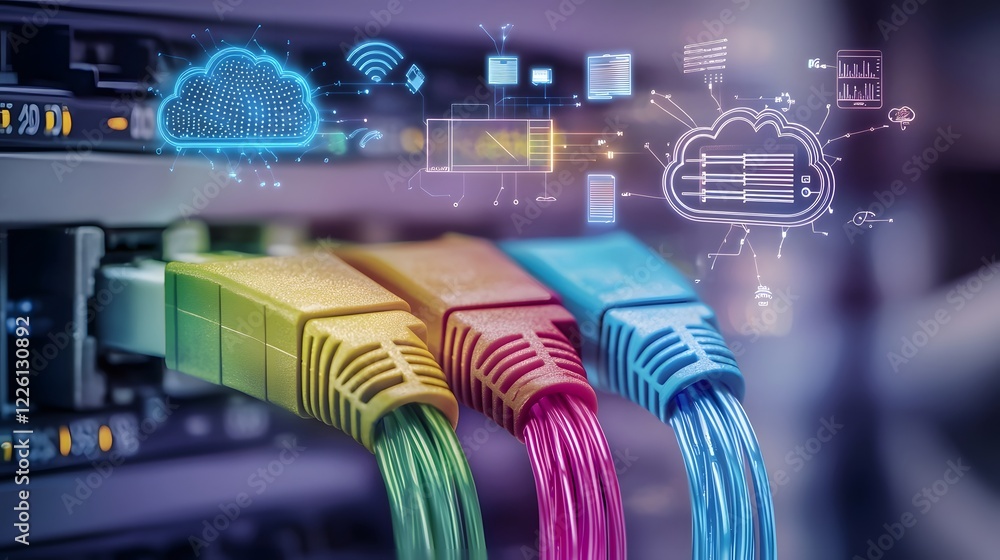 Poster visualization of rj45 utp cat6 lan cables fiber optics and ethernet connections glowing with vibrant