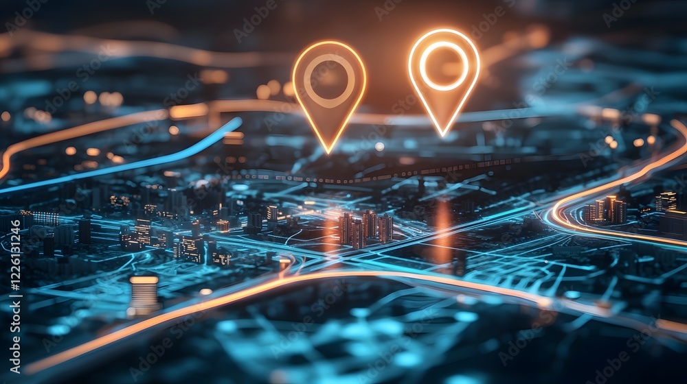 Poster Detailed Digital GPS Navigation Map with Glowing Landmark Pins Highlighting Optimized Travel Route and Directions in Vibrant Futuristic Color Scheme