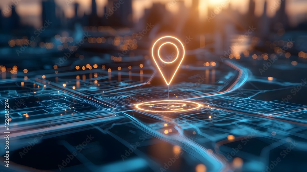 Poster vibrant digital gps navigation map featuring a detailed layout of streets landmarks and transit rout