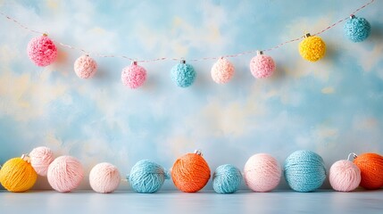 Pastel yarn ball ornaments, festive garland, light blue background; ideal for holiday greeting cards