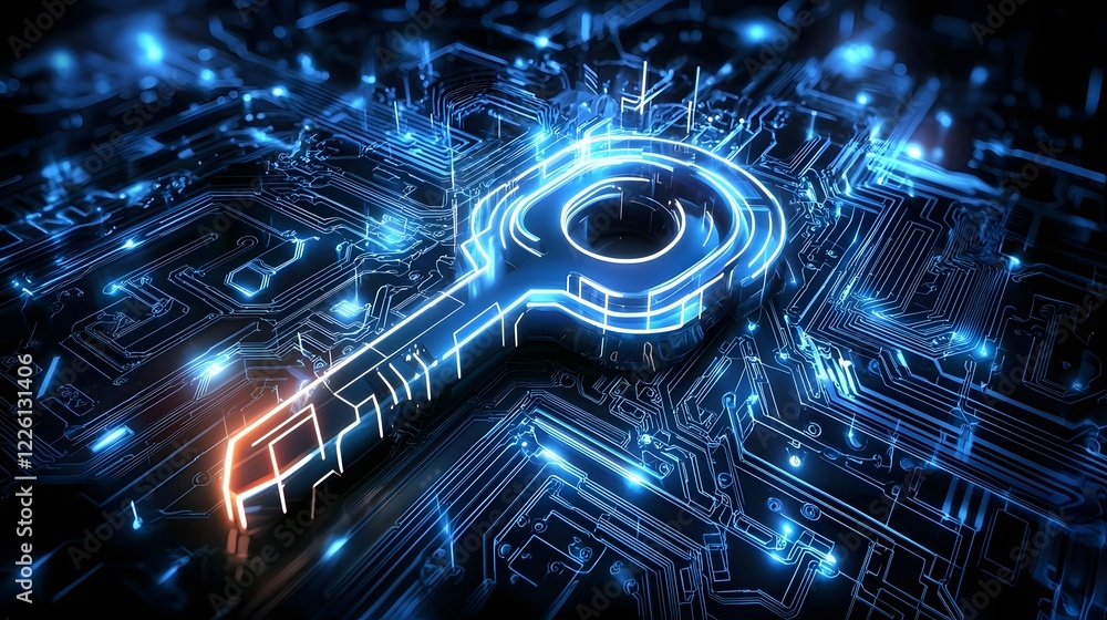 Poster Futuristic digital key embedded on a vibrant intricate circuit board background with neon lights symbolizing advanced cybersecurity technological innovation