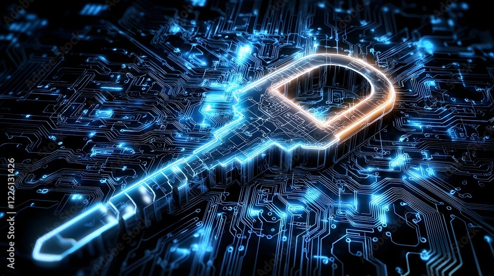 Poster Glowing digital key embedded on a futuristic circuit board background featuring intricate details and vibrant neon lights  This image symbolizes advanced cybersecurity and technological innovation