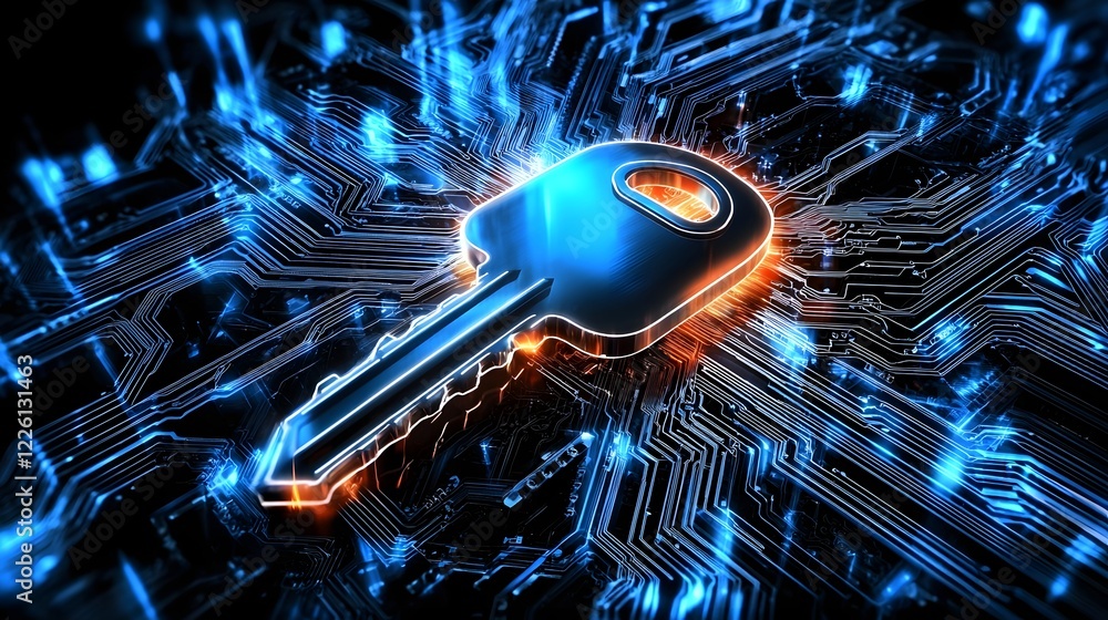 Aufkleber Abstract representation of a digital key floating above a complex circuit board with flowing data streams and radiant blue and orange neon highlights