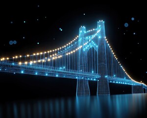 Fototapeta premium Digital wireframe , glowing line effect Futuristic illuminated bridge at night. digital wire glowing line design