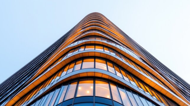 Modern curved skyscraper at dusk, city background, architecture photo for real estate