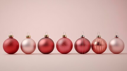 Pink and red Christmas ornaments in a row on a pale pink background; festive decoration for holiday cards or websites