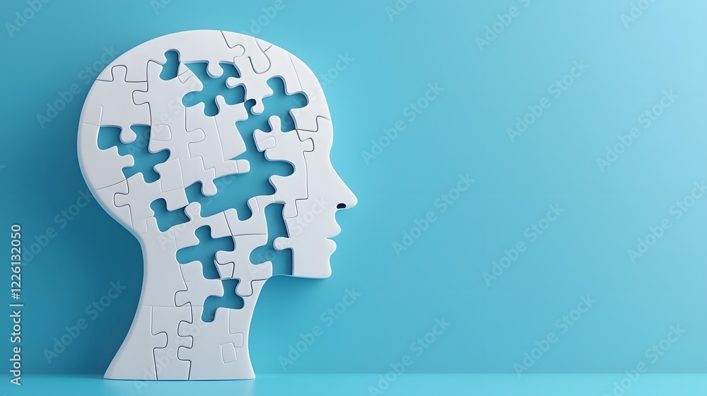 Poster conceptual depicting a human head designed as a puzzle with missing pieces set against a clean blue 