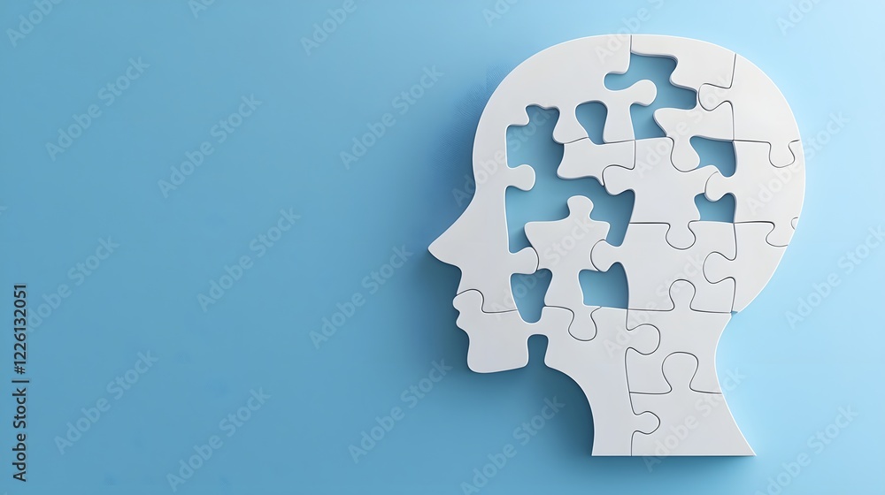 Aufkleber conceptual of a human head designed as a puzzle with missing pieces set against a clean blue backgro