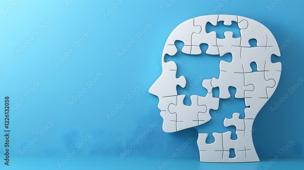 Fototapete conceptual of a human head designed as a puzzle with missing pieces set against a clean blue backgro