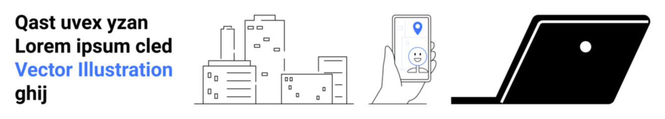 Urban buildings, smartphone with navigation pin, and open laptop. Ideal for technology, business, urban living, connectivity, online navigation, remote work abstract line flat metaphor
