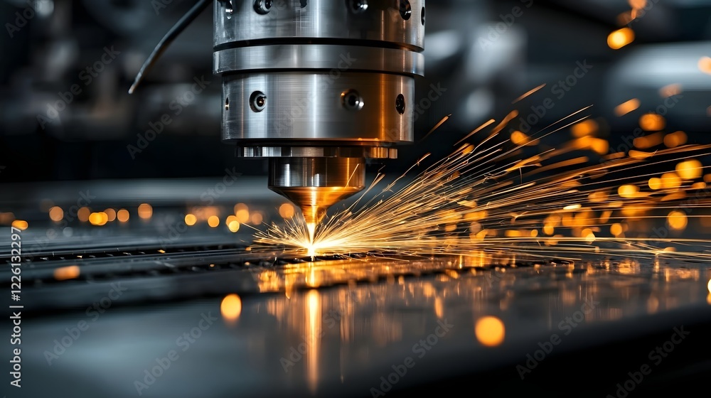 Poster Close up view of a CNC machine using advanced laser technology to precisely cut through metal generating dynamic sparks and showcasing the efficiency and sophisticated modern manufacturing processes