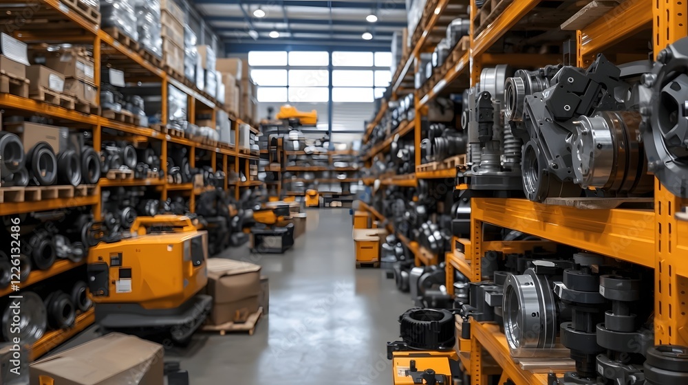 Poster wide view of a well organized warehouse interior filled with neatly arranged metal storage racks sho