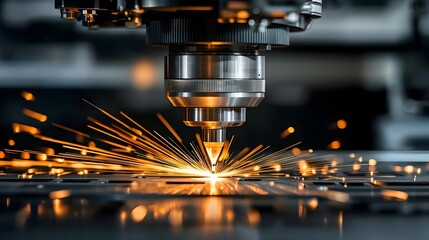 Detailed view of a high precision CNC Computer Numerical Control machine performing a laser powered metal cutting the advanced efficiency and automation of modern industrial manufacturing processes