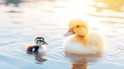 Ducklings swimming sunset pond, springtime nature scene, idyllic farm setting, perfect for greeting cards