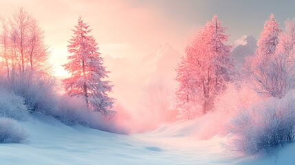 Pink sunrise over snowy mountain forest; winter wonderland landscape; peaceful nature scene; ideal for travel brochures