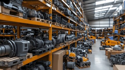 Naklejka premium Wide view of a well organized industrial warehouse filled with neatly arranged metal racks showcasing a clean efficient