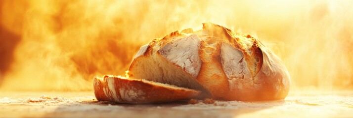 Freshly baked bread being sliced with warmth and comfort in a cozy kitchen