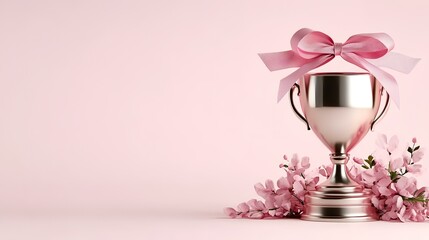 Rose gold trophy with pink bow and flowers; celebration, achievement, success; pink background; ideal for awards, recognition