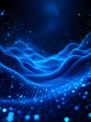 Futuristic Digital Landscape: Glowing Blue Wave Grid with Sparkling Particles in a Deep Space-Like Abstract Background, Representing AI, Big Data, and Technology