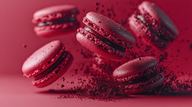 Red macarons floating in mid-air, surrounded by a sprinkle of crumbs