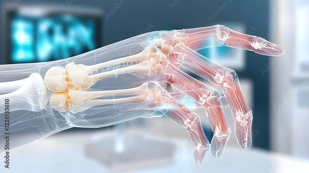 Poster Highly detailed x ray image of a human hand revealing the precise bone and joint structures with a soft gradient backdrop fading from deep navy blue to pale sky blue