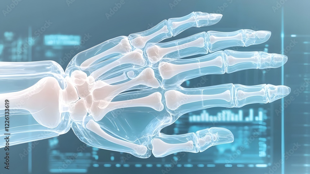 Poster Detailed x ray image showcasing the intricate skeletal structure of a human hand with clear visibility of the bones and joints set against a smooth gradient blue background