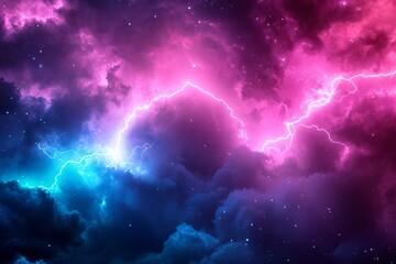 Obraz premium A surreal and vibrant scene of lightning ignites cosmic clouds in brilliant hues of pink and purple, creating a mysterious and otherworldly atmosphere.