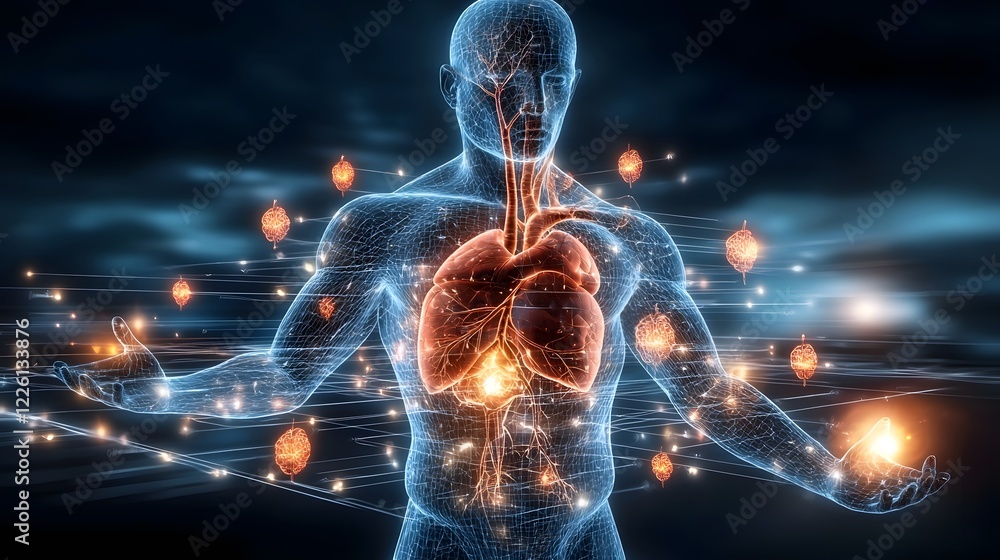 Poster Detailed 3D visualization of the human heart showcasing its intricate structure and internal anatomy set against a clean medical background emphasizing complexity and precision