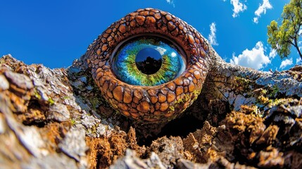 Giant reptile eye, nature backdrop, sunny sky, artwork