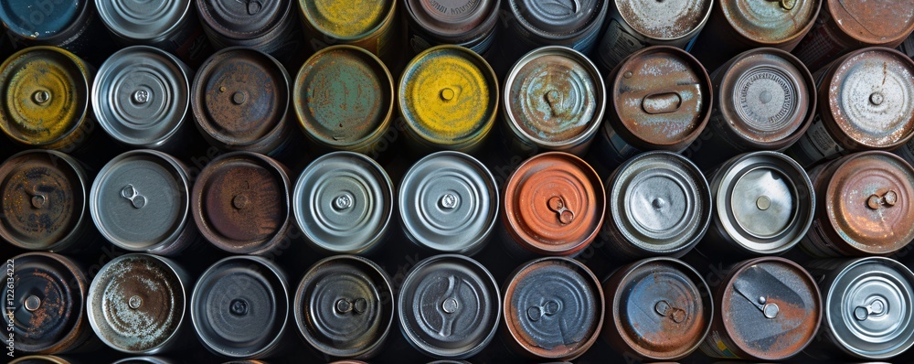 Poster collection of used tin cans arranged in a wall, some showing signs of rust