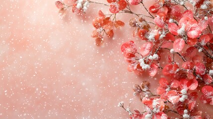 Snowy red leaves winter holiday background, design template