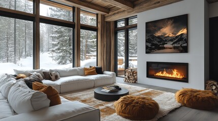 Cozy Winter Cabin Living Room with Stunning Mountain View