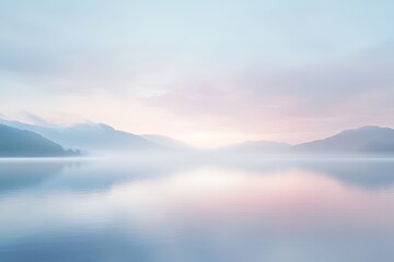 Obraz premium A tranquil lake view at sunrise portrays misty mountains in the distance and a calm water surface reflecting soft hues, creating a peaceful and serene atmosphere.