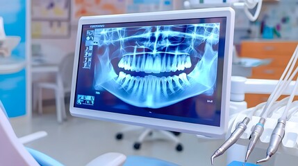 dental x ray image displayed on a monitor in a vibrant and cheerfully designed dental clinic showcasing the of modern medical equipment and a welcoming contemporary interior