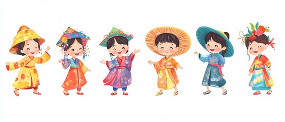 Authentic Asian children in vibrant traditional attire for cultural celebration event