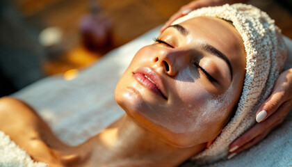 woman relaxing facial treatment at spa laying with eyes closed and applies face mask with brush